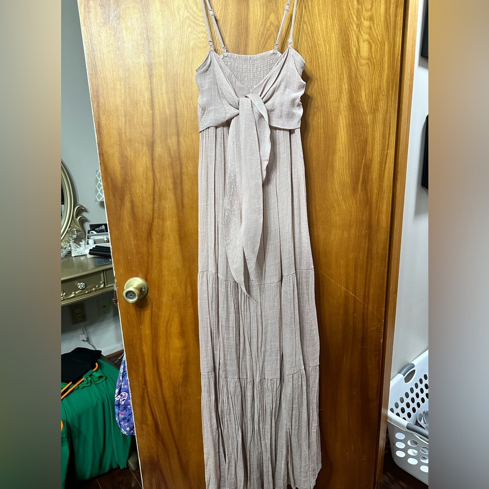 Sleeveless Tie-Front Maxi Dress in Light Taupe